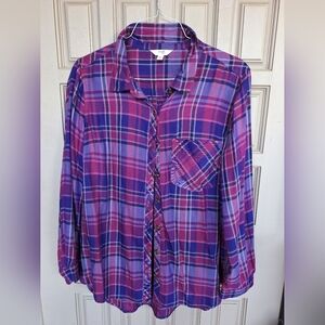 Terra Sky Shirt Plus Sz14W Plaid Pink/Purple Long Sleeves Collar/Cuff Pleat Back